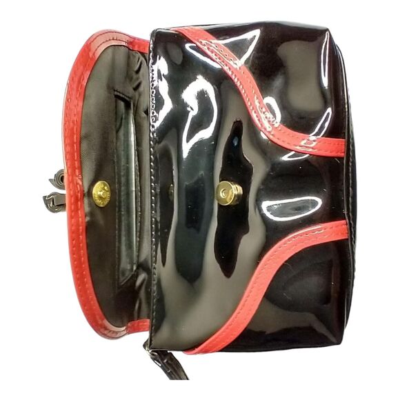 Elizabeth Arden Patent Leather Black Cosmetic Bag Purse w Mirror Red Trim - Picture 5 of 12